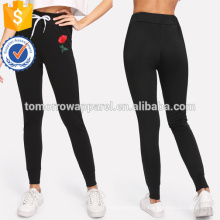 Black Rose Appliques Cordon Skinny Pants OEM / ODM Fabrication En Gros Mode Femmes Vêtements (TA7021L)